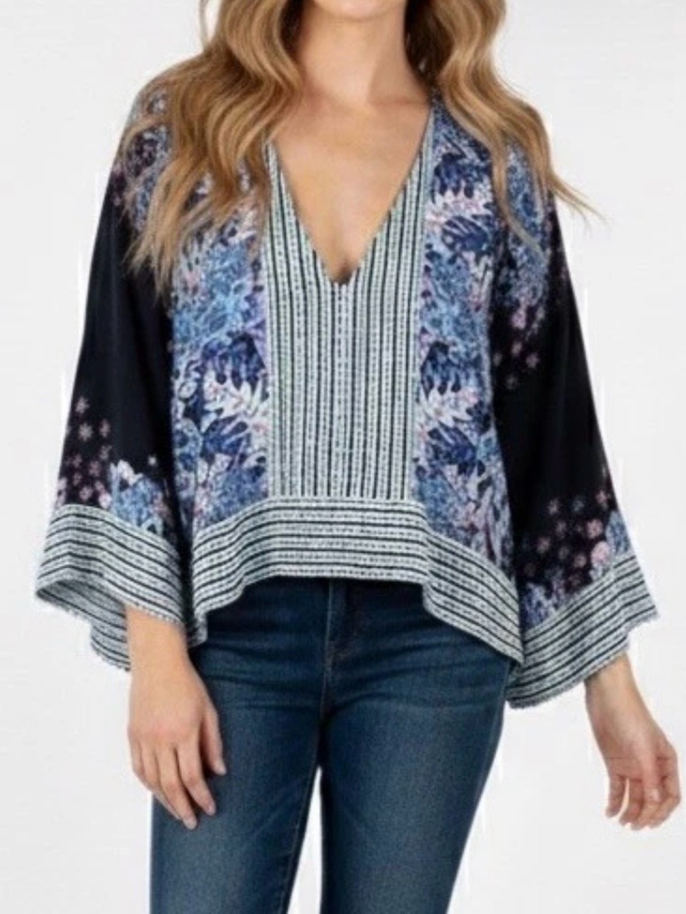 Free People Navy and Blue Floral V-Neck Tunic